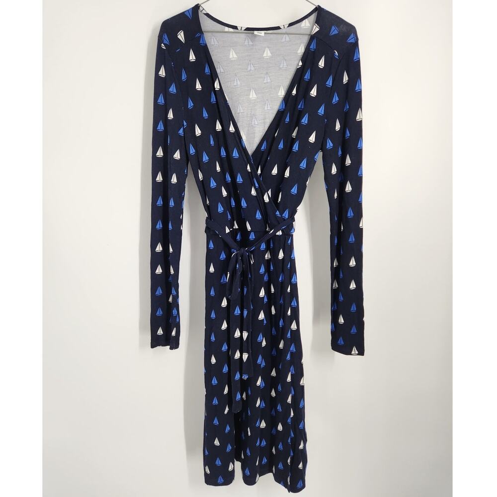 Old Navy Womens S Navy Sailboat Nautical Print Long Sleeve Faux Wrap Dress Rayon